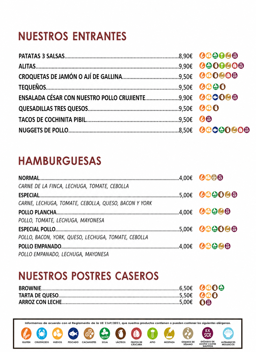 Ejemplo completo de carta de alérgenos blanca